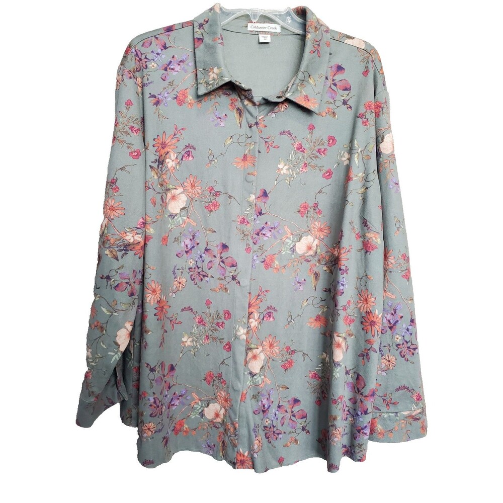 Coldwater Creek Microfiber Green Floral Snap-Up Long Sleeve Shirt Size 2X